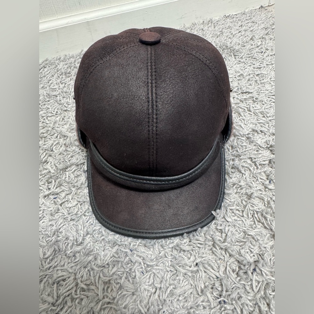 Nathaniel Cole Crown Cap Leather Hat Brown  Real Fur  Inside Ear Cover M
